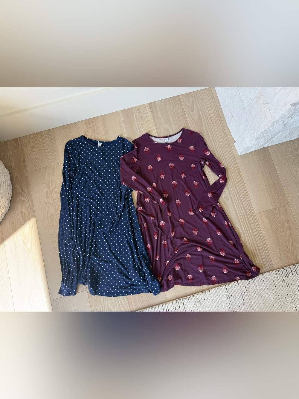 Old Navy Navy Blue Polka Dot & Maroon Floral Long Sleeve Dresses (Pair)